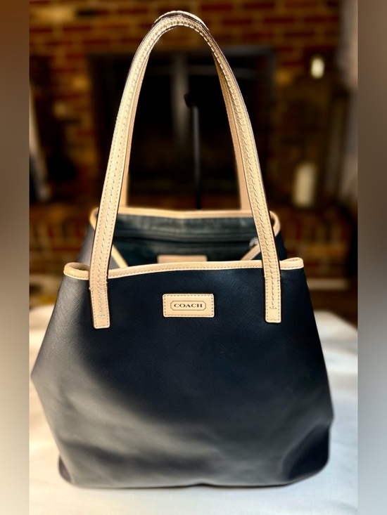 Coach Handbags - Coach Peyton Signature Tote in Black Canvas and Leather Tan Accents